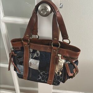 Coach Brown and Blue Leather Tote with Patchwork Design